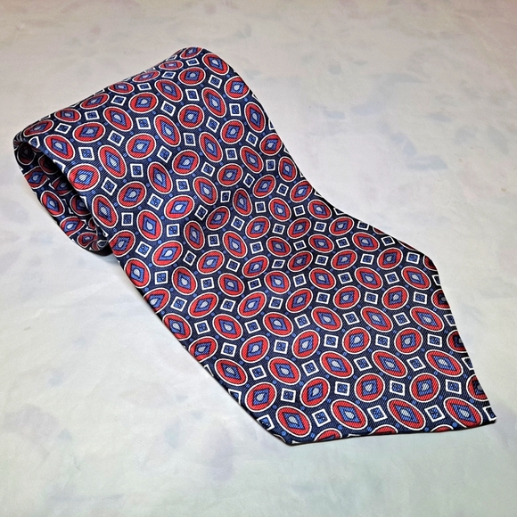 Zylos George Machado 💯 Italian Silk Necktie Blue/Red/White Mini Ovals USA Made - Picture 4 of 10